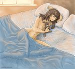  bed brown_hair closed_eyes dead_or_alive hitomi_(doa) liquidshade nude sleeping solo stuffed_animal stuffed_toy 