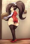  1girl alternate_costume ashley_(warioware) ass basket big_hair black_legwear brown_hair china_dress chinese_clothes curvy dress elbow_gloves from_behind gloves highres jadf long_hair looking_at_viewer looking_back plump red_dress red_eyes red_footwear revealing_clothes shoes short_dress shortstack side_slit skindentation solo thick_thighs thighhighs thighs very_long_hair waitress warioware white_gloves wide_hips 