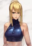  1girl absurdres bangs bare_shoulders blonde_hair breasts clothing_cutout commentary_request crop_top green_eyes halter_top halterneck hara_kenshi highres lips looking_at_viewer metroid metroid_fusion mole mole_under_mouth navel_cutout ponytail samus_aran solo tank_top upper_body 