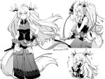  1girl absurdres arknights commentary_request dress fingerless_gloves gloves greyscale highres holding holding_nunchaku horns infection_monitor_(arknights) leizi_(arknights) long_hair looking_at_viewer monochrome multiple_views nunchaku one_eye_closed pointy_ears ponytail qilin_(mythology) see-through_dress sheer_clothes sleeveless sleeveless_dress tail thick_eyebrows translation_request twitter_username v-shaped_eyebrows very_long_hair weapon wristband yom_(ymayma00ss) 