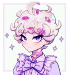  1boy :&lt; ahoge bangs bede_(pokemon) bell blonde_hair blush btms666 buttons closed_mouth collar commentary crossdressing curly_hair dress eyelashes frills hair_ornament looking_at_viewer maid_day male_focus neck_bell pokemon pokemon_(game) pokemon_swsh purple_eyes short_hair solo sparkle upper_body 
