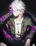  1boy bangs black_background black_pants blood blood_on_clothes brown_hair commentary_request danganronpa_(series) danganronpa_2:_goodbye_despair gradient gradient_background gradient_hair green_eyes green_jacket grey_hair grin hair_between_eyes hand_up highres hood hood_down illlight jacket komaeda_nagito male_focus medium_hair multicolored_hair open_clothes open_jacket pants pink_blood print_shirt rope shirt smile spread_legs teeth white_shirt 