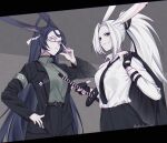  2girls animal_ears azur_lane black_gloves black_jacket black_necktie black_pants black_suit blue_eyes blue_hair business_suit collared_shirt earrings fingerless_gloves formal gloves green_shirt high_ponytail highres hiryuu_(azur_lane) holding holding_clothes holding_jacket holding_sword holding_weapon hoop_earrings jacket jacket_over_shoulder jacket_removed jewelry long_hair looking_at_viewer loose_necktie multiple_girls necktie official_alternate_costume pants pinkuma rabbit_ears semi-rimless_eyewear sheath sheathed shirt souryuu_(azur_lane) suit sword very_long_hair weapon white_hair 