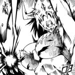  1girl 2021 arm_up armpits black_hair breasts cleavage commentary covered_eyes digimon digimon_(creature) english_commentary fangs greyscale helmet highres horns inktober keyliom kinkakumon large_breasts lightning lower_teeth monochrome muscular muscular_female numbered open_mouth scar scar_on_arm signature solo teeth tongue upper_body uppercut 