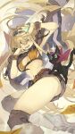  1girl amunero_(kyouka_jinrui_amunero) belt bikini bikini_top black_cape blonde_hair breasts cape cat eyebrows_visible_through_hair grey_shorts hair_between_eyes highres hyocorou kyouka_jinrui_amunero long_hair medium_breasts midriff navel open_mouth orange_bikini original short_shorts shorts smile solo sparkle stomach swimsuit thighhighs thighs very_long_hair wristband yellow_eyes 