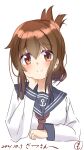  1girl absurdres anchor_symbol blue_sailor_collar brown_eyes brown_hair commentary_request dated folded_ponytail hand_on_own_face highres inazuma_(kancolle) kantai_collection long_hair looking_at_viewer neckerchief red_neckerchief sailor_collar sakurai_nana_(moshichi) school_uniform serafuku simple_background solo upper_body white_background 