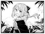  1girl :d animal_ears arknights border bow commentary eyebrows_visible_through_hair fox_ears fur-trimmed_jacket fur_trim greyscale hair_bow halftone highres jacket long_hair monochrome open_clothes open_jacket open_mouth perfumer_(arknights) plant shirt sidelocks simple_background smile solo symbol-only_commentary teeth twitter_username upper_body upper_teeth white_background yom_(ymayma00ss) 