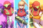  1girl arm_cannon blue_background blue_eyes enni gravity_suit helmet highres looking_at_viewer metroid metroid_dread mole mole_under_mouth multiple_persona ponytail power_armor power_suit power_suit_(metroid) purple_background samus_aran serious varia_suit weapon yellow_background 