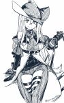  1girl arknights ascot breasts clothing_cutout commentary cowboy_shot detached_sleeves gloves greyscale hair_ornament hat hatching highres holding large_breasts long_hair looking_at_viewer monochrome simple_background skadi_(arknights) solo thigh_cutout thigh_strap twitter_username white_background yom_(ymayma00ss) 
