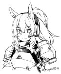  1girl animal_ears arknights armor commentary_request cropped_torso greyscale hair_between_eyes headset horse_ears implied_extra_ears looking_at_viewer monochrome nearl_(arknights) ponytail rhodes_island_logo simple_background sketch solo split_mouth twitter_username upper_body white_background yom_(ymayma00ss) 