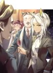  2boys 2girls animal_ears arknights black_jacket blurry blush bokeh bow bowtie cat_ears collared_shirt commentary cup depth_of_field dress_jacket dress_shirt driftingtiger drinking_glass english_commentary formal green_eyes heidi_(arknights) highres holding holding_cup jacket kal&#039;tsit_(arknights) long_sleeves multiple_boys multiple_girls necktie no_eyes official_alternate_costume open_clothes open_jacket pink_hair red_necktie shirt short_hair sidelocks tuxedo upper_body white_bow white_bowtie white_hair white_shirt wine_glass 