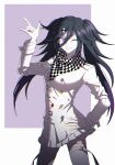  1girl \m/ bangs black_hair black_legwear breasts buttons checkered checkered_scarf cowboy_shot danganronpa_(series) danganronpa_v3:_killing_harmony double-breasted genderswap genderswap_(mtf) grin hair_between_eyes hand_on_hip hand_up highres illlight large_breasts legs_apart long_hair long_sleeves looking_at_viewer miniskirt one_eye_closed ouma_kokichi pink_eyes purple_background scarf skirt smile straitjacket thighhighs twintails white_background white_legwear white_skirt 
