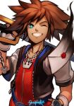  1boy absurdres blue_eyes brown_hair fingerless_gloves gloves highres hood jewelry keyblade kingdom_hearts kingdom_hearts_i kingdom_key male_focus necklace scumworkz short_hair simple_background smash_invitation smile solo sora_(kingdom_hearts) spiked_hair super_smash_bros. weapon 