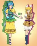  2girls among_us apron arm_ribbon arm_strap armor armored_dress beetsfoxxy blonde_hair bloomers blue_footwear blue_hair boots breasts chisel crewmate_(among_us) double_bun dress flower frills gradient gradient_background green_apron green_headwear green_hood hair_ribbon haniwa_(statue) haniyasushin_keiki head_scarf henohenomoheji highres joutouguu_mayumi leg_strap long_hair magatama magatama_necklace medium_breasts multiple_girls orange_background puffy_short_sleeves puffy_sleeves purple_eyes red_(among_us) red_ribbon ribbon sandals shirt short_hair short_sleeves simple_background single_strap standing toolbox tools touhou underwear vambraces when_you_see_it white_ribbon white_shirt wood_carving_tool yellow_dress yellow_eyes yellow_sleeves 