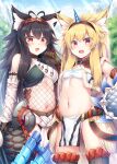  2girls animal_ear_fluff animal_ears bandeau bangs black_gloves black_hair black_hairband black_legwear blonde_hair blush brown_gloves commentary_request cowboy_shot eyebrows_visible_through_hair fishnet_top fishnets fox_ears fox_girl gloves hair_between_eyes hairband highres horns kirin_(armor) long_hair looking_at_viewer monster_hunter_(character) monster_hunter_(series) multiple_girls nargacuga_(armor) navel open_mouth original pelvic_curtain purple_hair red_eyes roshin sidelocks single_horn standing stomach thighhighs tooth very_long_hair weapon weapon_request white_tube_top 