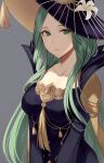  1girl alternate_costume black_dress black_headwear breasts closed_mouth collarbone dress fire_emblem fire_emblem:_three_houses fire_emblem_heroes flower forehead gold_trim green_eyes green_hair grey_background halloween halloween_costume haru_(nakajou-28) hat hat_flower highres large_breasts light_smile lips long_hair looking_at_viewer official_alternate_costume pink_lips rhea_(fire_emblem) solo upper_body very_long_hair white_flower witch_hat 