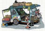  1girl backpack bag banana box brown_hair cat food fruit fruit_stand grapes ground_vehicle highres melon motor_vehicle motorcycle original polyester_putty scales shirt shoes short_hair skirt sneakers t-shirt truck 