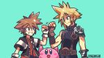  2boys armor blonde_hair blue_eyes brown_hair buster_sword cloud_strife commentary final_fantasy final_fantasy_vii fingerless_gloves gloves highres jewelry kingdom_hearts kingdom_hearts_i kirby kirby_(series) mag_(magdraws) male_focus multiple_boys necklace open_mouth short_hair simple_background sora_(kingdom_hearts) spiked_hair super_smash_bros. 