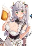  1girl absurdres alcohol amefukura_art animal_ears apron bangs beer beer_mug black_bow black_bowtie blush bow bowtie breasts brown_skirt cleavage commentary_request cow_ears cow_horns cow_tail cup detached_collar detached_sleeves dirndl eyebrows_visible_through_hair frilled_apron frilled_skirt frills german_clothes green_eyes highres holding holding_cup hololive horns large_breasts long_hair looking_at_viewer mug shirogane_noel short_sleeves silver_hair simple_background skirt solo tail teeth upper_teeth very_long_hair virtual_youtuber white_apron white_background 