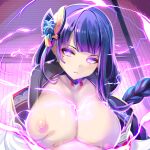  1boy 1girl areolae bangs blunt_bangs breast_grab breasts breasts_outside electricity erection genshin_impact glowing glowing_eyes grabbing grabbing_own_breast hetero highres huge_breasts japanese_clothes kimono looking_at_viewer mole mole_under_eye nipples paizuri penis purple_eyes purple_hair raiden_shogun shiki_(psychedelic_g2) 