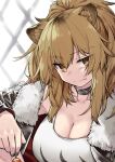  1girl animal_ears arknights blonde_hair breasts candy cleavage close-up collarbone commentary eyebrows_visible_through_hair food fur-trimmed_jacket fur_trim holding holding_food hood hooded_jacket jacket knee_up large_breasts lion_ears lollipop long_hair looking_at_viewer ponytail siege_(arknights) simple_background solo studded_choker tank_top twitter_username upper_body white_background white_tank_top yom_(ymayma00ss) 