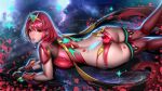  1girl ass bob_cut breasts butt_crack commentary highres honeycomb_(pattern) large_breasts liang_xing looking_at_viewer medium_hair micro_shorts petals pyra_(xenoblade) red_eyes red_hair reward_available shorts signature skindentation solo thighhighs xenoblade_chronicles_(series) xenoblade_chronicles_2 