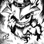  2021 belt commentary digimon digimon_(creature) english_commentary finger_on_hat ghost ghostmon greyscale hat highres inktober keyliom monochrome open_mouth signature solo stitched_mouth stitches upper_body 