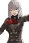  1girl ascot bangs blue_eyes bodysuit breasts brooch eden_grenze gloves grey_bodysuit grey_hair jewelry kageshio_(276006) large_breasts long_sleeves looking_at_viewer medium_hair one_eye_closed open_mouth outstretched_arm red_ascot red_gloves silver_(eden) smile solo 