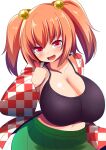 1girl bell breasts checkered checkered_shirt cleavage fang hair_bell hair_ornament highres large_breasts motoori_kosuzu open_mouth red_eyes red_hair shirt short_hair solo touhou twintails two_side_up xialu_zajin 