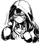  1girl arknights bandaid bandaid_on_cheek boxing_gloves commentary flint_(arknights) greyscale hair_between_eyes hands_up hood hood_up looking_at_viewer monochrome neck_tattoo portrait short_hair simple_background sketch solo tattoo twintails twitter_username v-shaped_eyebrows white_background yom_(ymayma00ss) 