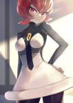  1girl black_legwear breasts grey_shirt hand_on_hip highres leggings light_particles looking_at_viewer mars_(pokemon) medium_breasts pointy_hair pokemon pokemon_(game) pokemon_dppt red_eyes red_hair rindoriko shadow shirt short_hair skin_tight skirt smirk sunlight team_galactic team_galactic_uniform white_skirt 