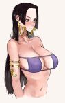  1girl absurdres armlet bangs bare_shoulders bikini black_hair blush boa_hancock breasts cleavage closed_mouth commentary cropped_torso earrings english_commentary eyelashes eyepatch_bikini forehead gold grey_background highres jewelry joy_boy large_breasts long_hair navel one_piece parted_bangs purple_bikini purple_eyes simple_background snake_earrings solo stomach straight_hair swimsuit upper_body v-shaped_eyebrows 