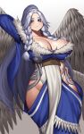  1girl angel_wings arm_up bangs blue_dress blue_eyes braid breasts cinko cleavage closed_mouth commentary_request curvy dress feathered_wings fur_trim hand_on_hip high_ponytail highres hip_vent large_breasts long_hair looking_at_viewer original parted_bangs pelvic_curtain revision silver_hair solo standing twin_braids white_background white_wings wings 