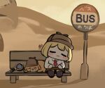  1girl :3 bangs bench blonde_hair blush brown_headwear brown_legwear bubba_(watson_amelia) bus_stop chibi closed_eyes closed_mouth desert detective dog full_body hat hololive hololive_english jazz_jack magnifying_glass shade shadow short_hair signpost sitting sleeping thighhighs virtual_youtuber watson_amelia 