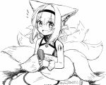  1girl :d animal_ears arknights blush braid commentary_request dress eyebrows_visible_through_hair fox_ears fox_girl fox_tail greyscale hairband holding holding_brush kitsune kyuubi monochrome multiple_tails notice_lines open_mouth short_hair sidelocks sitting sketch sleeveless sleeveless_dress smile solo suzuran_(arknights) tail tail_brushing twitter_username yom_(ymayma00ss) 
