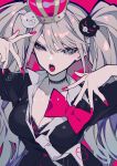  1girl absurdres bangs bear_hair_ornament black_bra black_choker black_necktie black_shirt blonde_hair blue_eyes bow bow_shirt bra breasts brown_background choker cleavage collarbone crown danganronpa:_trigger_happy_havoc danganronpa_(series) enoshima_junko hair_ornament hands_up highres long_hair mochizuki_kei necktie open_mouth pink_background pink_bow red_bra red_nails shiny shiny_hair shirt smile teeth tongue tongue_out twintails underwear 