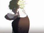  1boy amami_rantarou bangs blurry brown_vest collared_shirt commentary_request danganronpa_(series) danganronpa_v3:_killing_harmony depth_of_field from_side green_eyes green_hair grey_background hand_on_own_neck illlight long_sleeves looking_at_viewer male_focus official_alternate_costume profile shiny shiny_hair shirt short_hair simple_background solo upper_body vest white_background white_shirt 