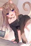  1girl :d all_fours animal_ear_fluff animal_ears bangs barefoot black_shirt blush brown_hair cat_ears cat_girl cat_tail clock commentary_request digital_clock dutch_angle eyebrows_visible_through_hair fang hair_between_eyes hair_ornament hairclip highres leo_(mafuyu) long_hair long_sleeves looking_at_viewer mafuyu_(chibi21) multicolored_hair nail_polish open_mouth original panties purple_eyes purple_hair purple_nails segment_display shirt side-tie_panties side-tie_peek sleeves_past_wrists smile solo streaked_hair tail underwear white_panties 