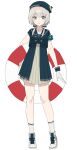  1girl armband bangs bow buttons chorefuji commentary_request eyebrows_visible_through_hair full_body grey_eyes grey_hair hair_bow hat high-waist_skirt holding_lifebuoy knees lifebuoy original pleated_skirt shirt shoes skirt socks solo standing tied_hair white_background wrist_cuffs 