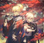  2boys ahoge artist_name autumn_leaves bandaged_hand bandages bangs bead_bracelet beads black_gloves blonde_hair blue_eyes blue_scarf bracelet character_name closed_mouth eyebrows_visible_through_hair fingerless_gloves genshin_impact gloves hair_between_eyes highres holding holding_sword holding_weapon japanese_clothes jewelry kaedehara_kazuha katana kazuha&#039;s_friend_(genshin_impact) l!sten leaf male_focus mouth_hold multicolored_hair multiple_boys over_shoulder parted_lips red_eyes red_hair scarf sheath streaked_hair sword tassel unsheathing upper_body weapon weapon_over_shoulder white_hair 