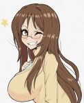  1girl breasts brown_eyes brown_hair eyebrows_visible_through_hair fang glasses grin k-on! large_breasts long_hair looking_at_viewer one_eye_closed parted_lips smile solo teeth upper_body yamanaka_sawako young_savage 