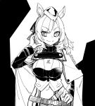  1girl animal_ears arknights armor bow cloak commentary_request greyscale hair_bow hand_on_hip hand_up hat horse_ears kingdom_of_kazimierz_logo long_sleeves looking_at_viewer monochrome post short_hair simple_background smile solo split_mouth straight-on twitter_username upper_body whislash_(arknights) white_background yom_(ymayma00ss) 