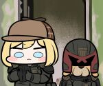  1girl :3 aiming_at_viewer black_gloves blonde_hair blue_eyes brown_headwear bubba_(watson_amelia) cosplay detective dog dredd gloves gun hat helmet holding holding_gun holding_weapon hololive hololive_english jazz_jack judge_dredd judge_dredd_(cosplay) long_sleeves looking_at_viewer military military_uniform rifle solo uniform virtual_youtuber watson_amelia weapon 