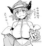  1girl :d animal_ears arknights bottle breasts commentary cow_ears cow_girl cow_horns eyebrows_visible_through_hair greyscale hand_up highres holding holding_bottle horns jacket large_breasts looking_at_viewer monochrome navel off_shoulder official_alternate_costume open_clothes open_jacket open_mouth short_hair sideroca_(arknights) sideroca_(light_breeze)_(arknights) smile solo sweat translation_request twitter_username upper_body visor_cap water_bottle yom_(ymayma00ss) 