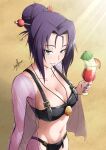  1girl :d beach belt beltbra bikini black_bikini bobby_pin breasts cleavage collarbone commentary cup curled_fingers demon_girl digimon digimon_(creature) english_commentary eyebrows_visible_through_hair food forehead fruit gold_trim green_eyes hair_bun highres holding holding_cup ice ice_cube jewelry keyliom large_breasts lilithmon looking_at_viewer medium_hair midriff mixed-language_commentary mole mole_under_eye necklace open_mouth orange_(fruit) orange_slice purple_hair purple_nails sand see-through sidelocks signature smile solo spanish_commentary stopwatch sunlight swimsuit thighs tied_hair umbrella upper_body watch 