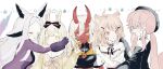  5girls absurdres akumi_(yoclesh) animal_ears bell beret black_headwear blonde_hair bodysuit breasts cat_ears cat_girl cheek_poking cleavage cleavage_cutout closed_eyes clothing_cutout colored_skin commission detached_collar dog_ears dog_girl dyarikku_(vtuber) fox_ears grey_hair halter_top halterneck hat highres horns long_hair medium_breasts multiple_girls off-shoulder_shirt off_shoulder oni_horns open_mouth pink_hair poking potowari purple_bodysuit red_skin second-party_source shirt shyrei_faolan skeb_commission smile vguyen virtual_youtuber white_background white_hair yellow_eyes yenko_(vtuber) yuniiho_(vtuber) 