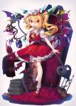  1girl alcohol ascot bangs bat blonde_hair blush book book_stack carpet coffin crystal cup drinking_glass flandre_scarlet frilled_shirt_collar frilled_skirt frills gunjou_row hat highres knees laevatein_(touhou) looking_at_viewer mary_janes mob_cap nail_polish pointy_ears puffy_short_sleeves puffy_sleeves red_eyes red_footwear red_nails red_skirt red_vest shirt shoes short_hair_with_long_locks short_sleeves side_ponytail simple_background skirt slit_pupils socks solo standing table tablecloth touhou vampire vest white_background white_legwear white_shirt wine wine_glass wings wooden_floor yellow_ascot 