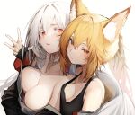  2girls absurdres animal_ear_fluff animal_ears bare_shoulders blonde_hair breast_press breasts cleavage closed_mouth commentary_request commission hair_between_eyes highres kaiser_(myeonggihusband) large_breasts medium_breasts multiple_girls original parted_lips red_eyes simple_background skeb_commission tab_head upper_body white_background white_hair 