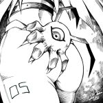 1girl 1other 2021 angewomon ass ass_grab claws commentary commentary_typo digimon digimon_(creature) english_commentary from_behind highres inktober keyliom long_hair lower_body monochrome number_tattoo one-eyed signature tattoo thighs tsumemon 
