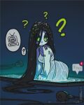  1girl ? bare_shoulders black_hair blue_background cellphone closed_mouth colored_skin confused dress earphones green_eyes grey_skin highres loen long_hair minigirl phone smartphone solo television the_ring very_long_hair wet wet_clothes wet_dress wet_hair yamamura_sadako 